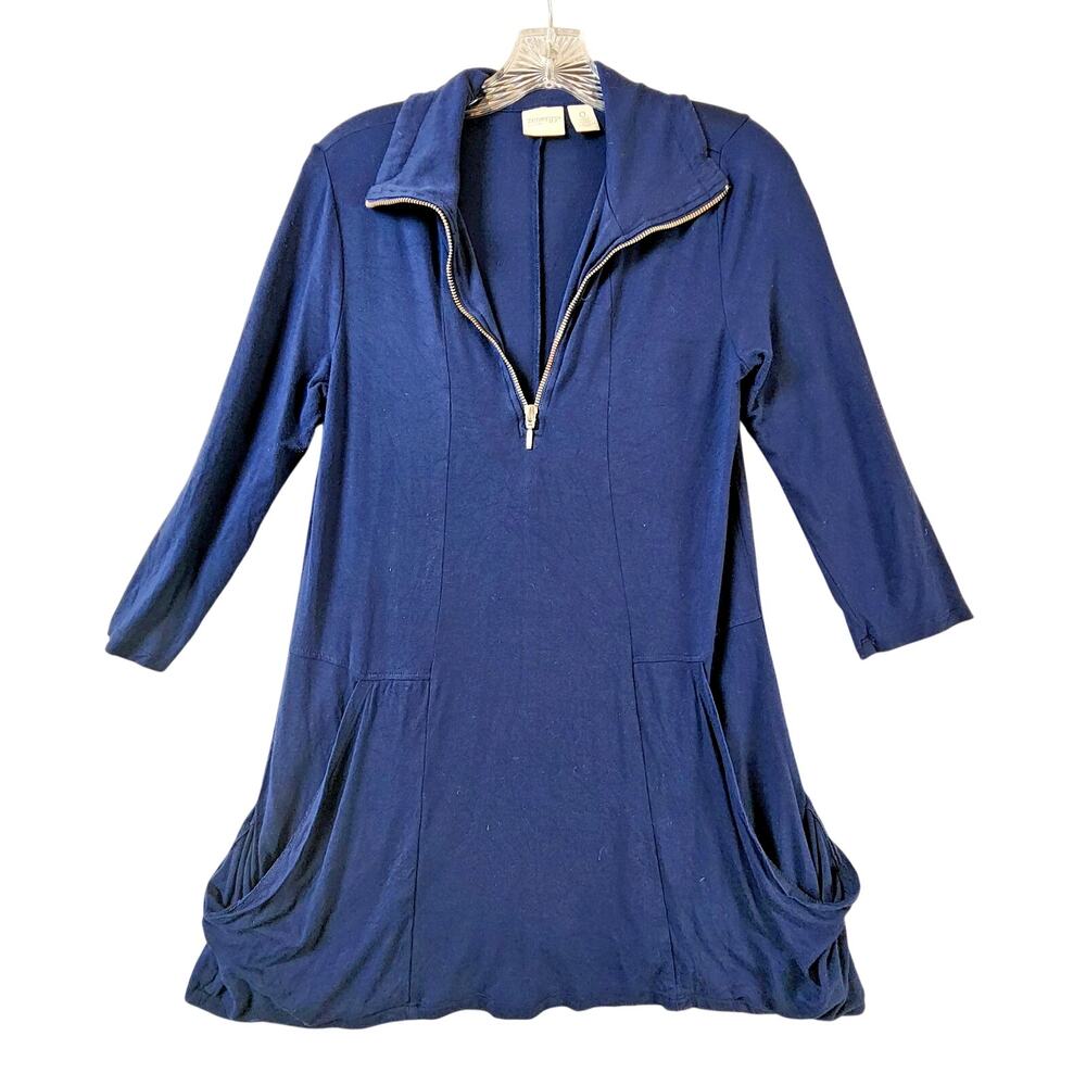 Chico’s Zenergy Tunic Top Women US Size 4 Navy Zip Front Long Sleeve